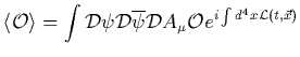 $\displaystyle \left\langle \cal O \right\rangle = \int {\cal D}\psi {\cal D}{\overline{\psi}}{\cal D}A_\mu
{\cal O} e^{i\int d^4x {\cal L}(t,\vec{x})}$